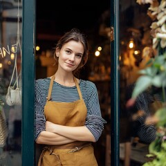 Smiling Female Small Business Owner in Apron Standing Outside Retail Shop Storefront
