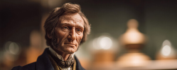 Obraz premium Thoughtful portrait of a mature man with fine details, captured in soft, warm lighting. Evokes themes of wisdom, history, and reflection. Suitable for biographies, articles, and educational materials.