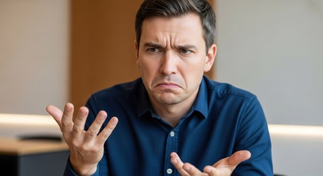 A man in a blue shirt, seated in a modern office setting, with his hands raised in a gesture of frustration or confusion.