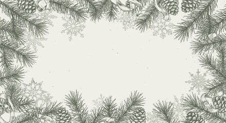 Christmas Nature Frame and Decorative Border – Snow-Covered Pine Needles, Seasonal Holiday Plants, Winter Decoration, Festive Ornament, Xmas Greeting Design, Elegant Seasonal Illustration