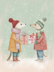 Cute Christmas illustration with two animals in cozy winter clothes exchanging gifts in the snow. Soft pastel colors and charming festive atmosphere.