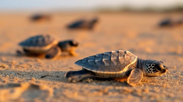 Baby sea turtle hatchlings embarking on coastal journey across golden sand at dawn