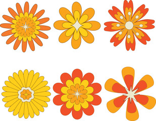 Retro 70s flowers with atomic stars icons collection set in orange, red and mustard yellow . For stickers, apparel, clip art and scrapbooking