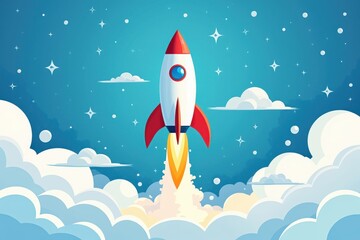Rocket launching into starry sky with white clouds illustration