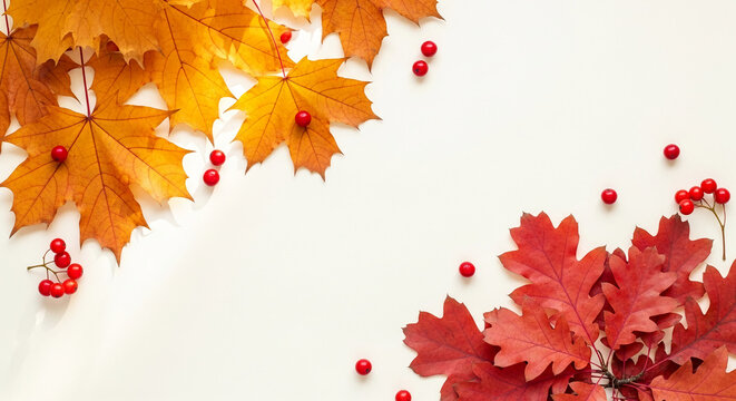 Autumn leaves and red berries on white surface, creating a seasonal arrangement, representative of fall foliage, color change, and natural transition