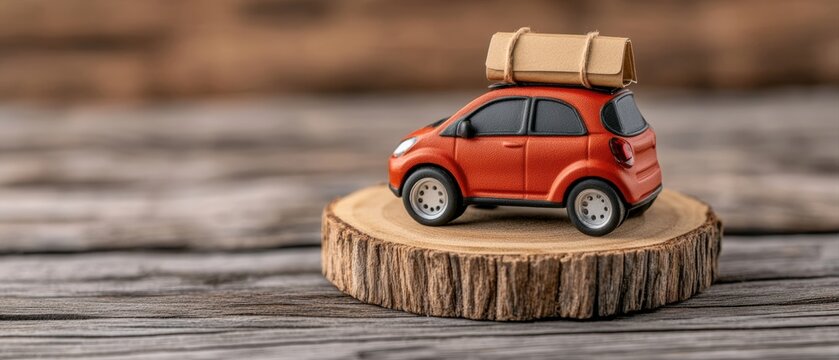 A mini orange car with a small package on top sits on a wooden slice, highlighting themes of travel and adventure, Ideal for marketing campaigns related to road trips or travel services, - Powered by Adobe