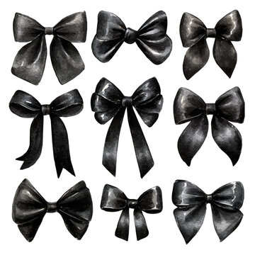 My simple Watercolor illustration, set of black elegant bows painting isolated on a white background, illustration, AI painting design, vector illustration set, eps format,
