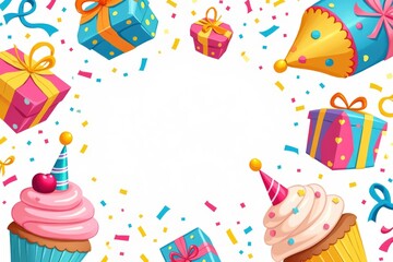 Vibrant birthday party frame with gifts, hats, cupcakes, confetti