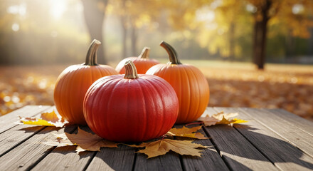 Group of orange and red pumpkin on wooden surface with dry leaves, representing autumnal season, thanksgiving holiday, harvest time and seasonal celebration