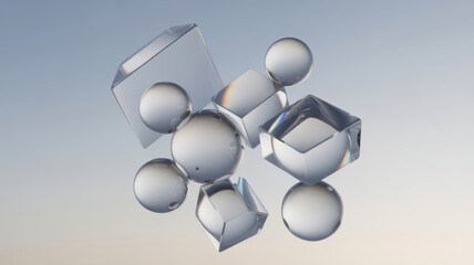 Abstract clear glass shapes, spheres and cubes, floating in light
