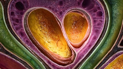 A cross section of a colorful heart shaped organic structure with layered textures and vibrant hues