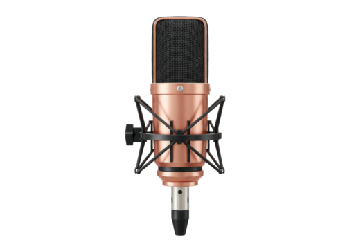 Isolated retro microphone in shock mount, audio recording equipment for podcasting or vocals