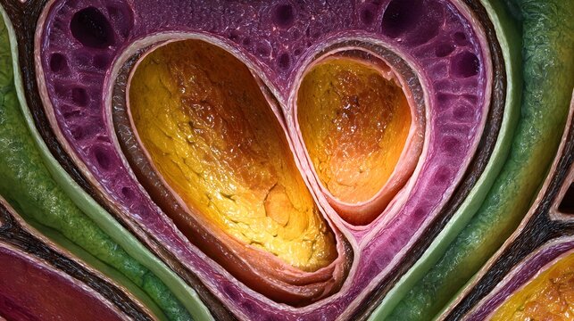 A cross section of a colorful heart shaped organic structure with layered textures and vibrant hues
