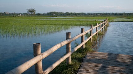 Naklejka premium Bamboo Poles Spanning Across a Flooded Field with Lush Green Rice Plants Under Clear Sky