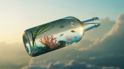 Fragile marine ecosystem preserved in a bottle, floating in sky