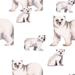Obraz premium Watercolor winter seamless pattern with polar bear isolated on white. Realistic design with white bear for backgrounds, packaging, decoration, banner for background, wallpaper, fabric