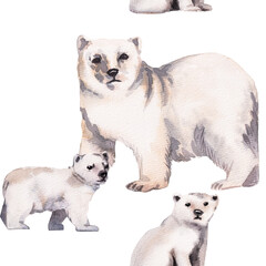 Watercolor winter seamless pattern with polar bear isolated on white. Realistic design with white bear for backgrounds, packaging, decoration, banner for background, wallpaper, fabric