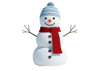 Isolated cheerful snowman dressed for cold weather in winter with scarf and blue hat
