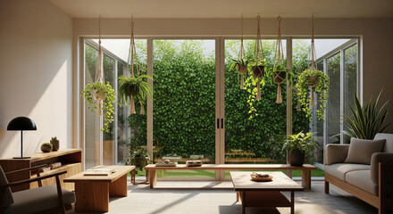 Inviting living room opening to a lush garden through large glass doors, featuring indoor plants, comfortable seating, and warm ambient light.