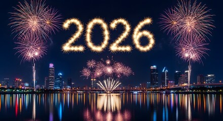 Celebrate 2026 with dazzling fireworks over cityscape skyline
