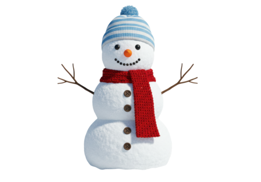 Isolated cheerful snowman dressed for cold weather in winter with scarf and blue hat - Powered by Adobe
