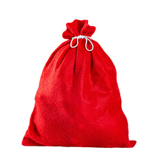 Red christmas present bag with gifts, closeup object. Isolated on transparent background. New Year celebration