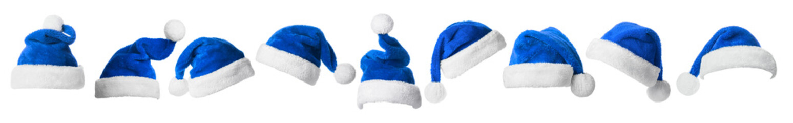Collage with Blue Santa Claus hats set, closeup objects. Isolated on transparent background. Christmas and New Year celebration