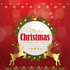 Christmas and New Year greeting cards with xmas decoration. Winter Holiday Posters or banners design in modern realistic style with fir branches, gift boxes, christmas tree toys deer and stars	

