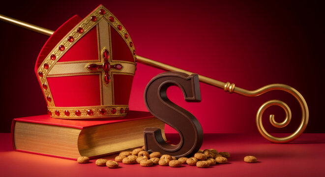 Red sinterklaas hat Mitre, decorative staff, large chocolate letter S, surrounded by traditional spiced cookies, festive attire and dutch holiday spirit. traditional Saint Nicolas day five december