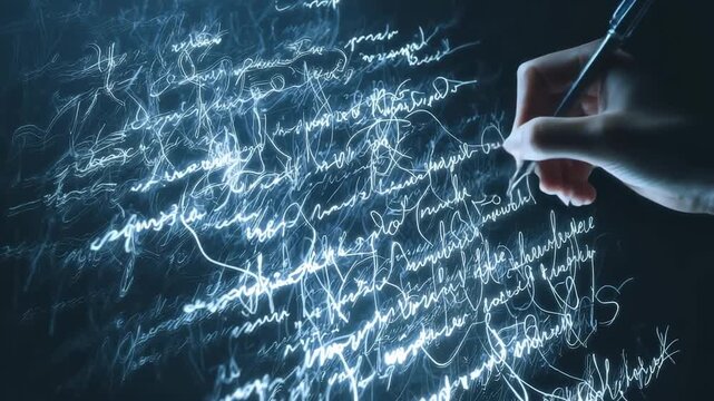 Hand writing glowing abstract letters in blue light representing creativity imagination and digital art concept