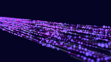 Abstract digital data stream in big data quantum computing. Concept for tech information transmission in cyberspace with particles on trails.