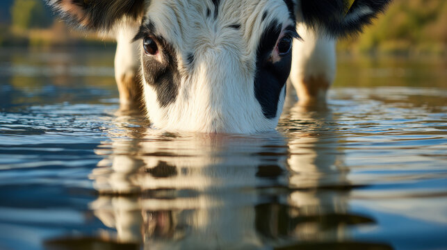 Cow drinking water from a clear river displaying reflection