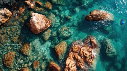 Aerial View of Rocky Coastline with Clear Turquoise Water and Underwater Rock Formations of a Serene Coastal Landscape
