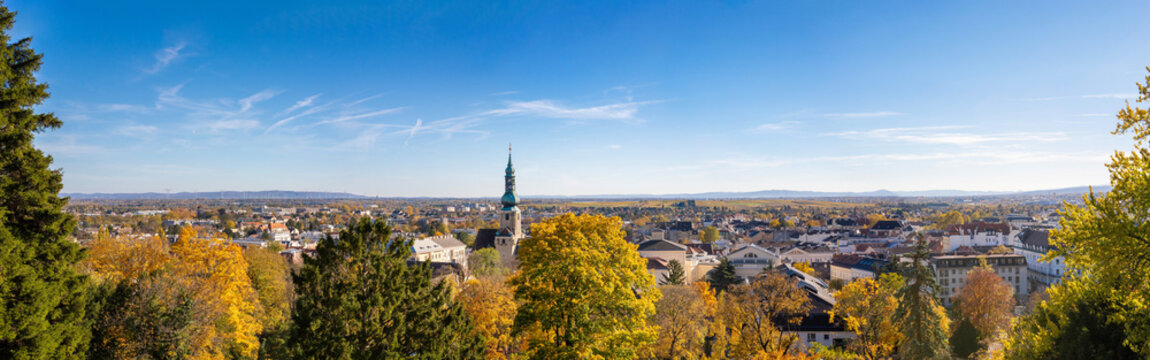 Panorama shot of the city of Baden near Vienna, Austria,  from above on a sunny day in autumn