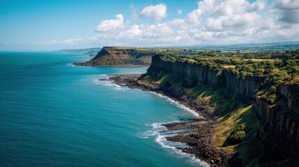 Scenic Coastal Cliffs with Turquoise Waters and Lush Greenery under a Bright Sky in a Daytime Landscape