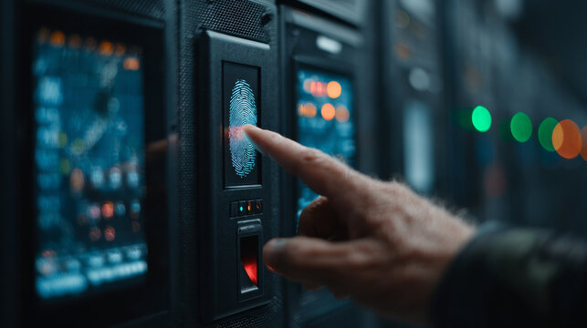 Person uses biometric access terminal in corporate data center, highlighting security technology