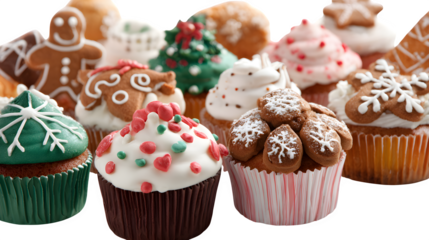Christmas cupcakes and gingerbread muffins decorated with icing isolated on white background