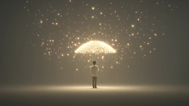 Person standing under glowing umbrella of light particles representing hope imagination and dreamlike inspiration