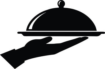 Hand holding serving platter vector icon.
