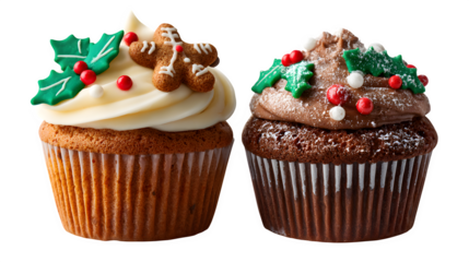 Christmas cupcakes and gingerbread muffins decorated with icing isolated on white background