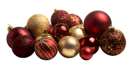 Collection of red and gold baubles arranged for holiday d?cor isolated on white background