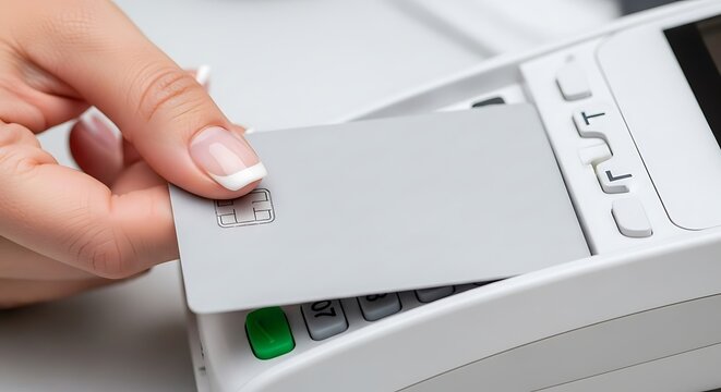 Hand inserting credit card into payment terminal for transaction.