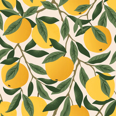 Autumn apple seamless pattern. Summer fruits, leaves, branches vector background. Vector texture illustration for cover, tropical wallpaper, vintage backdrop, wedding invitation