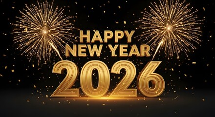 Golden Happy New Year 2026 celebration with fireworks and confetti