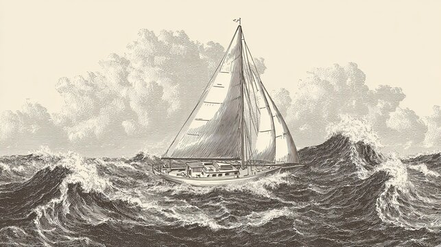 Sailing boat on rough sea waves engraving sketch with detailed clouds and water texture in vintage etching style