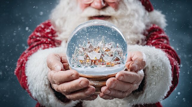 Santa Claus holding crystal snow globe with winter village and sparkling Christmas magic in falling snow