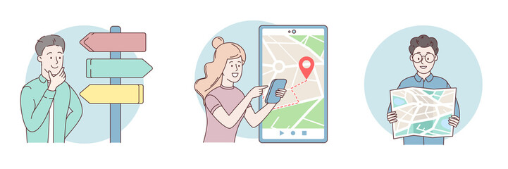 Set of Navigation concept. Hand holding mobile phone and searching route and location with GPS. Online city map, marking locations. Person use smartphone with navigator app. Flat illustration