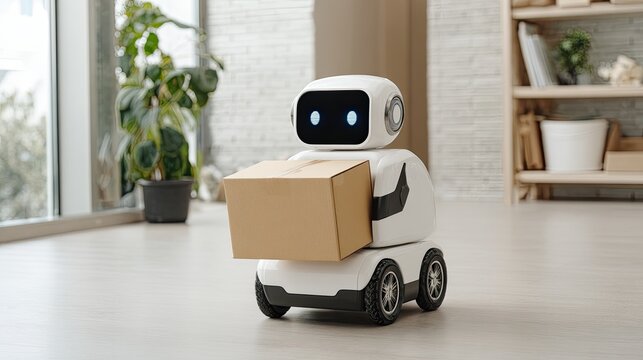 Cute delivery robot carrying cardboard box in modern bright room showing future home service technology concept