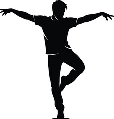 Dynamic male dancer silhouette balancing on one leg with arms spread wide vector illustration