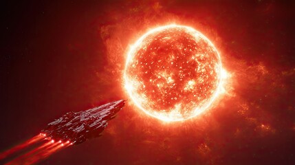 Futuristic spaceship flying near bright glowing sun in deep outer space exploring cosmic heat and solar energy
